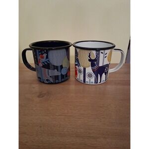 Folklore Enamel Cup Mug Set 2 Wild & Wolf Deer Bear Woodland Enamelware Blue Owl